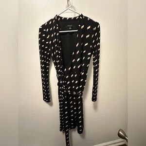 Ann Taylor Black and Cream Long Sleeve Wrap Dress